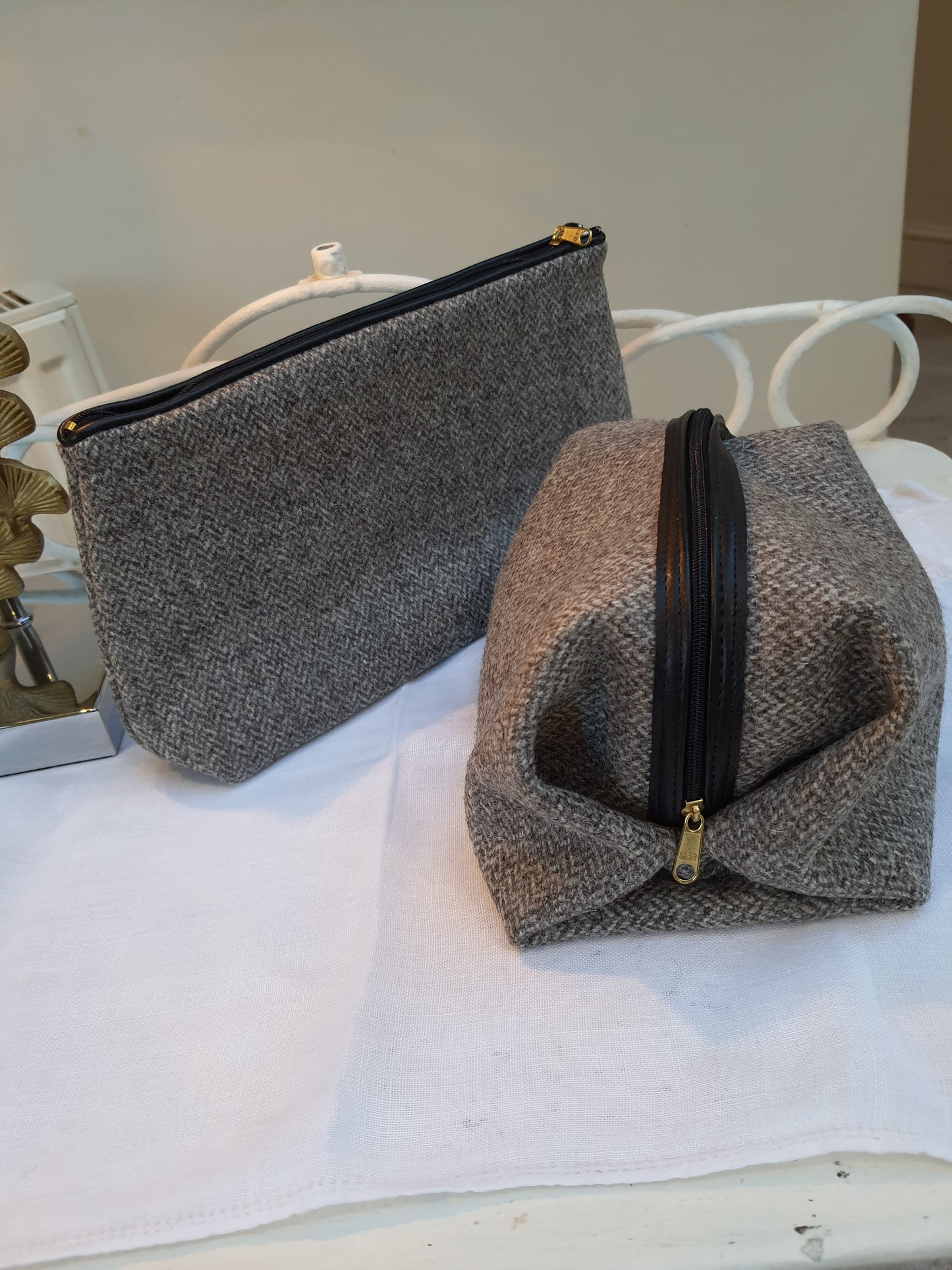 Handmade wash bag in grey herringbone