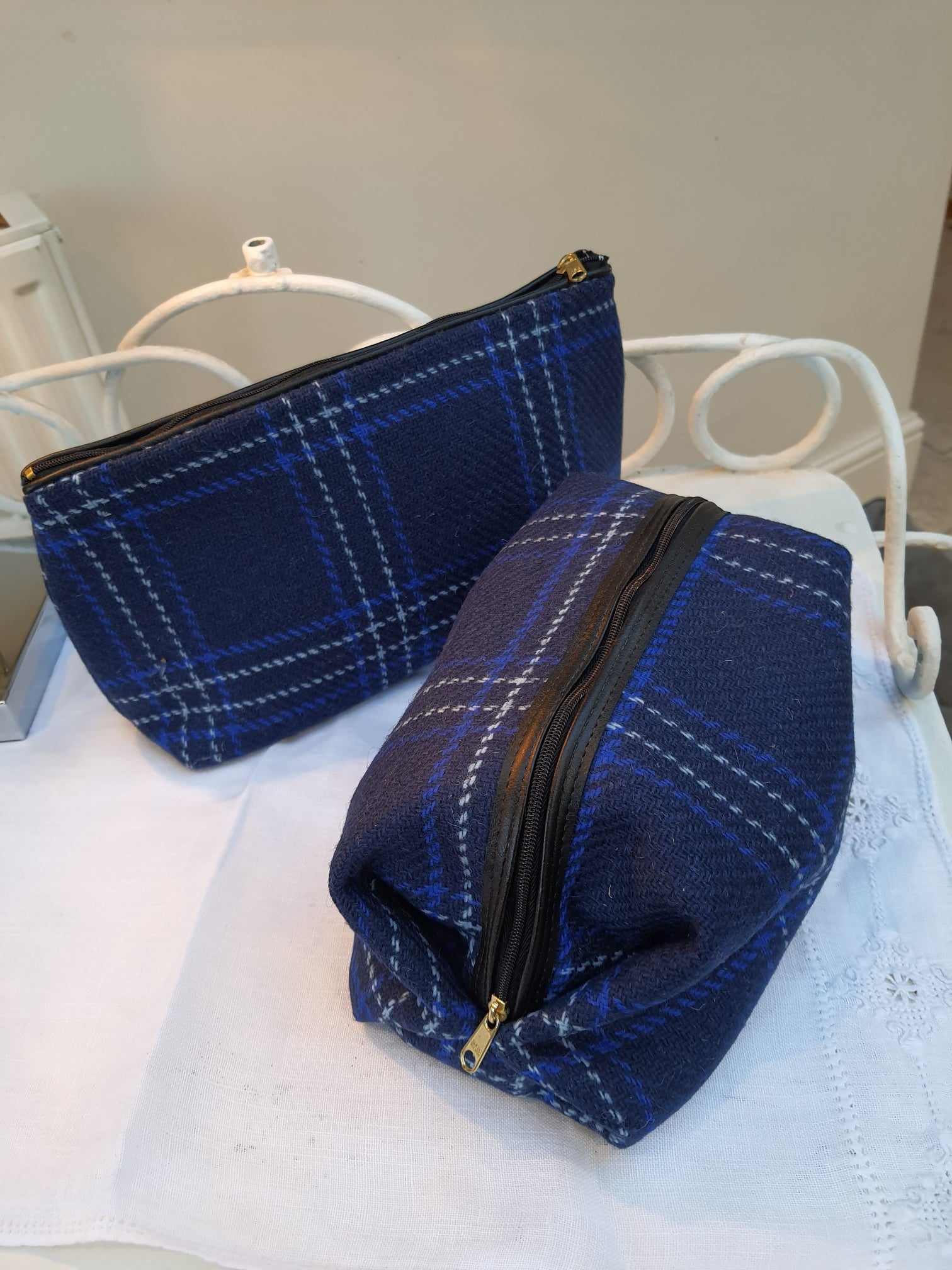 Tartan Wash Bags in Blue Wool