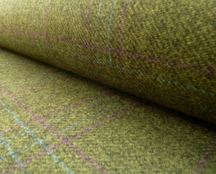 Olive green lambswool tweed with a purple and blue woven pattern