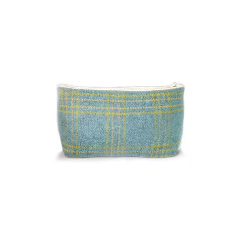 Blue tweed with yellow pattern wash bag made from natural wool with white zip