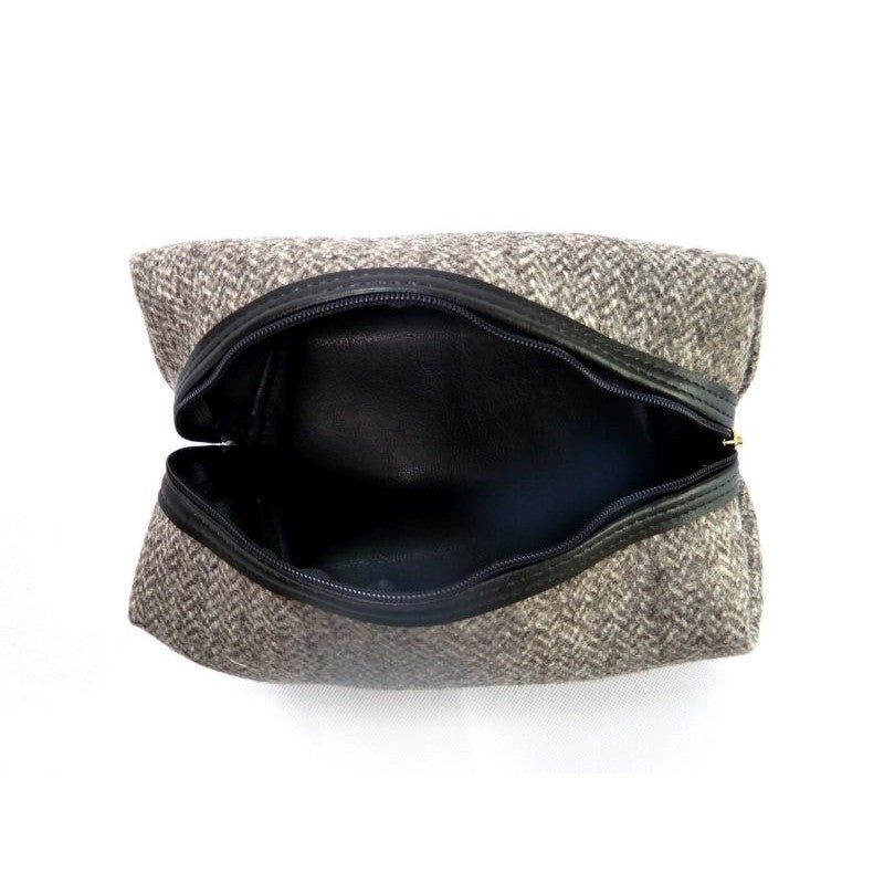Natural Wool Wash Bag In Herringbone open to show black interior